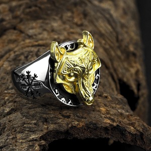 Men's <b>Titanium</b> Steel Wolf Head <b>Ring</b> Gold Viking Rune Compass Design Hip Hop Style Fashion Jewelry Gift - Product Image 4