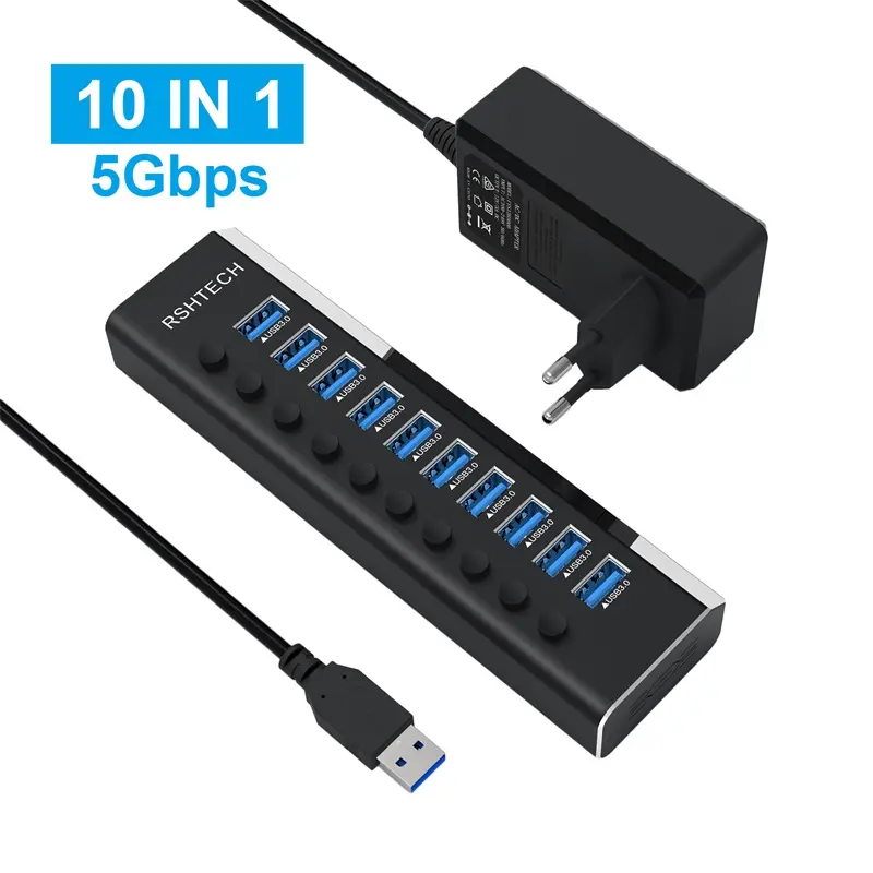 RSHTECH Powered USB 3.0 HUB 10 port Hub USB Splitter yerleştirme istasyonu bağımsız anahtarı 10 in USB 3.0 HUB yüksek hızlı 5Gbps