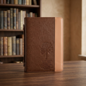 Funda de Biblia de Cuero con Diseño de Árbol Grabado, Bicolor Marrón y Beige, Cierre con Cremallera - Product Image 1