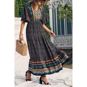 Women's Casual Summer Boho Floral Print V Neck Short Sleeve High Waist Long <b>Maxi</b> Dress Loose Woven Breathable Beach Wear - Product Image 6