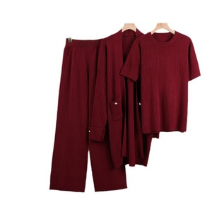 Women Knitted Sweater Set <b>Short</b> <b>Sleeve</b> Top <b>Cardigan</b> Wide Leg Pants Autumn Breathable Polyester Regular Fit - Product Image 5