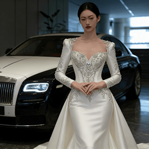 Vestido de Novia de Encaje con Falda de Tul, 100% Poliéster, Tela de Alta Calidad con Cola Larga, Diseño Francés, Súper Encantador y de Fantasía - Product Image 2