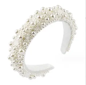 ins hot custom sponge headband full white pearl beaded headband women bling fashion headband