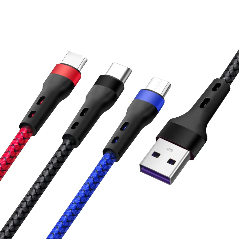 Evrensel özel 3 in 1 USB kablosu hızlı şarj naylon örgülü telefon şarj hattı iPhone USB C mikro çoklu USB şarj aleti kablosu