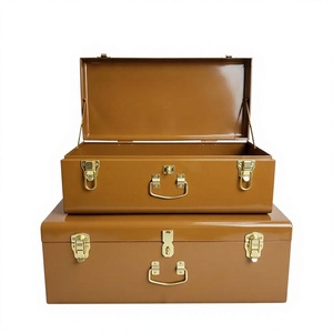 Ensemble de boîtes de rangement vintage de luxe en métal, rectangulaires, finition laquée marron, avec quincaillerie en laiton, double niveau, pour un rangement soigné - Product Image 1