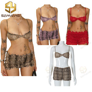 Conjunto de dos piezas de malla Sexy Club de verano para mujer, camisola de leopardo + Pantalones cortos con cordones, atuendo a juego - Product Image 2