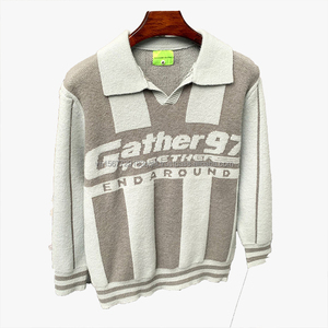 Polo en maille vintage à blocs de couleur et rayures verticales, col à revers, manches longues, coupe ample, pour homme et femme, collection automne-hiver - Product Image 4