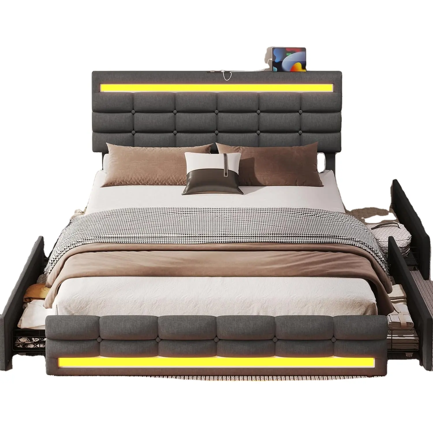 4 개의 서랍과 2 개의 USB 충전소가 있는 퀸 LED 침대 프레임, 덮개를 씌운 플랫폼 퀸 사이즈 침대 프레임
