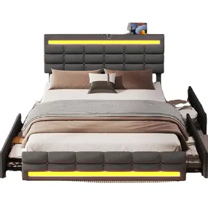 Rangka tempat tidur LED Queen dengan 4 laci dan 2 stasiun pengisian USB, rangka tempat tidur ukuran Queen Platform berlapis kain