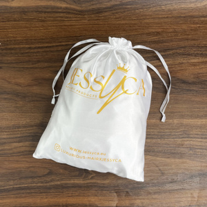 Bolsa de satén blanca personalizada con cordón, bolsa de satén de seda con cordón y logotipo impreso para empaque de regalo de pelucas. - Product Image 5