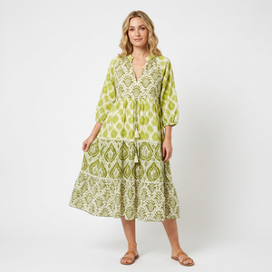 Robe longue décontractée en coton 100 % à col en V pour femme, taille unique, motifs floraux tissés, taille naturelle, collection été 2024, vente en gros - Product Image 1
