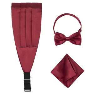 Burgundy Cummerbund dan dasi kupu-kupu Set untuk anak-anak poliester Tuxedo sabuk kain korset anak laki-laki Bowtie dan saku persegi Set