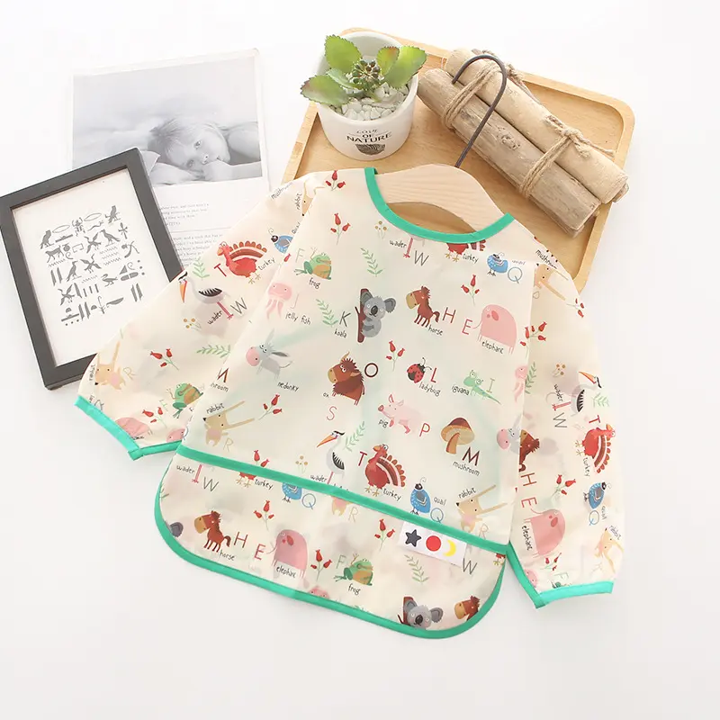 Wholesale Printed Long Sleeve Baby Bibs for Children's Infant Coverall Clothes Waterproof Baby Smock Bibs with Crumb Catcher