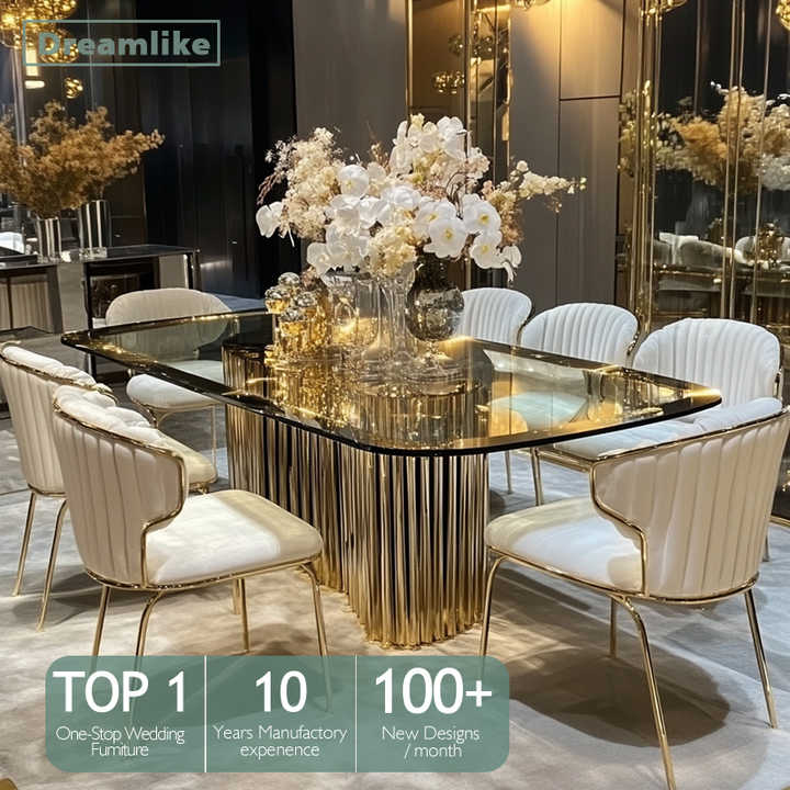 Modern Gold Stainless Steel Banquet Table Rectangular Lux Glass Dining ...