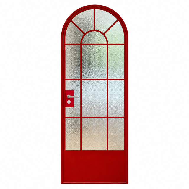 Aesthetic Arched Glass Door Vibrant Vintage Red Aluminum Swing Bathroom Door Textured Privacy Glass Option B2B Orders