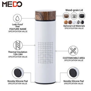 <span class=keywords><strong>Bouteille</strong></span> isotherme sous vide à double paroi en acier inoxydable MEDO 500 ml avec couvercle couleur grain de bois et infuseur à thé - Product Image 3
