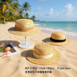 Cappello di paglia con bordo largo decorato con nastro da 7 cm, protezione solare estiva - Product Image 3