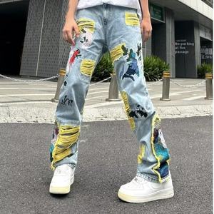 กางเกงขากระบอกทรงตรงปักลายสำหรับผู้ชายกางเกงยีนส์ผ้าเดนิมผ้าฮิปฮอปดีไซน์สตรีทสไตล์ฮิปฮอปซักลาย3D - Product Image 6