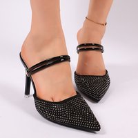 967 Sandales Slingback Sexy à Talons Hauts Pointus avec Strass Thermocollés Noirs Élégants pour l'Été, Grande Taille, Modèle Transfrontalier