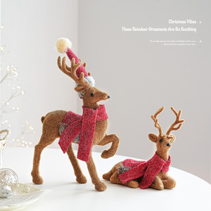 LINGKAI Flocked Christmas <b>Reindeer</b> Figurine With Red Scarf and Santa Hat Tabletop <b>Xmas</b> Deer Statue Home Holiday Desktop Ornament - Product Image 2