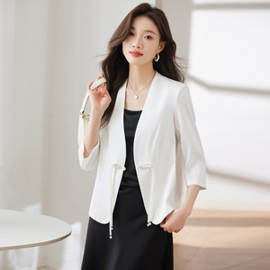 Women's Blazer Three Quarter Sleeve Solid Color Polyester Breathable Spring Summer 2024 New Chinese Style Top White Black - Product Image 4