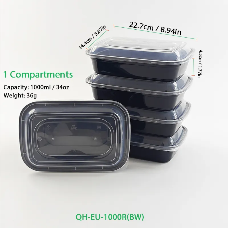 150pcs 33.8oz 1000ml Black Plastic Rectangle Packing Box With Lid Microwaveable Suitable Packing Box To Go Food Container