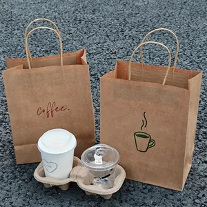 Restaurant Cafe Custom Logo Offset Printed Food Takeaway Grocery Shopping Packaging Brown Recycled Kraft Paper Hand Length <b>Bag</b> - Product Image 4