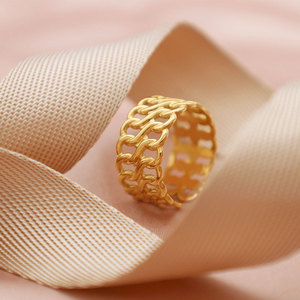 European American Retro Wide Face Pleated <b>Titanium</b> Steel <b>Ring</b> 18k Gold Hollow Geometric Unisex Fashion Jewelry Gift - Product Image 3