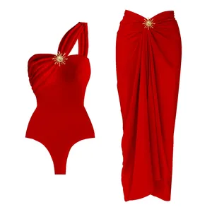 2Pcs Maillot <span class=keywords><strong>de</strong></span> bain à une épaule Sexy Women Bikini 2025 Cut Out Swimwear Solid Red Swimming Suit Female Biquini Bodysuit Beach Outfits - Product Image 1