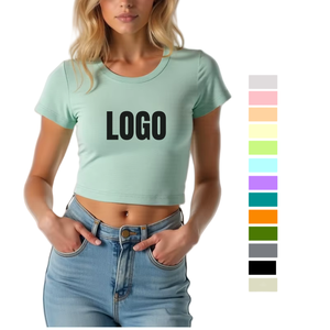 Camiseta recortada cuadrada personalizada TKAN717 OEM, Camiseta con estampado de pantalla de cuello redondo, Top corto de gimnasio para mujer - Product Image 1
