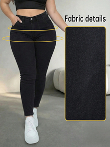 Jeans de mezclilla elásticos de cintura alta ajustados de talla grande para mujer, pantalones casuales de primavera con bolsillos con cremallera y botones, estilo urbano. - Product Image 4