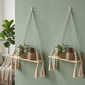 Macetero Colgante Rectangular Bohemio de Macramé, Soporte de Madera para Plantas de Pared con Cuerda, Cuentas y Borlas, Decoración del Hogar - Product Image 2
