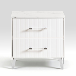 Comodino bianco con 2 cassetti, piano in finto marmo, gambe cromate, mobili per camera da letto - Product Image 2