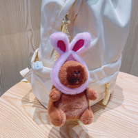 Porte-clés en peluche Capybara de dessin animé avec chapeau d'animal, pendentif doux et mignon grenouille et lapin à capuche pour breloque de sac