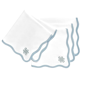 Serviettes de table en coton faites à la main, style moderne, bord festonné, 46x46cm, blanc avec bordure bleue, nœud infini brodé, lavables, pour la maison et l'avion - Product Image 1