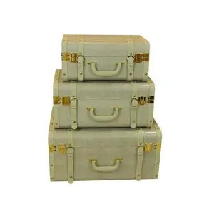 米色彩色皮革木制行李箱行李箱，用于装饰家居和办公室储物制造商