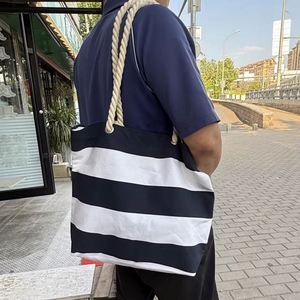 Sac fourre-tout en coton rayé écologique en gros, réutilisable, recyclé, pour les courses, avec poignées en corde - Product Image 6
