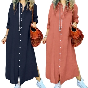 Nouvelle Robe Chemise Unie pour Femme, Manches Longues, Boutonnage Simple, Élégante, Style Moyen-Orient, Ample, Maxi, en Coton - Product Image 1