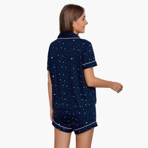 Pyjama court en coton d'été personnalisé avec imprimé petites étoiles et passepoil contrastant, ensemble de pyjama en bambou à manches courtes pour femme, vêtements de détente et de nuit - Product Image 4