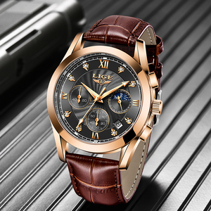 Montres LIGE LG8912 personnalisées, cuir marron, 3 sous-cadrans, calendrier professionnel, quartz, étanche, sport, montres-bracelets pour hommes - Product Image 4