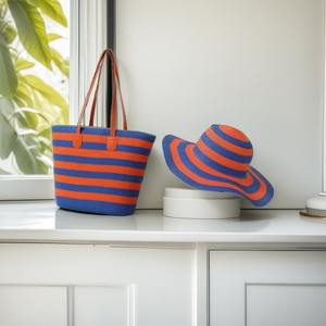 Ensemble assorti <span class=keywords><strong>chapeau</strong></span> de plage et sac en paille – Visière pare-soleil et sac fourre-tout tissé rayé, essentiels de l'<span class=keywords><strong>été</strong></span> pour femmes et stations balnéaires - Product Image 1