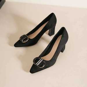 <b>Black</b> <b>Suede</b> <b>Pumps</b> Pointed Toe Block Heel Metal Buckle Office Shoes High Heel Breathable Women's Footwear - Product Image 1