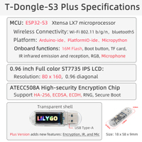 Carte de développement USB mini ESP32-S3 LILYGO T-Dongle-S3 Plus avec écran de 0,96 pouces, puce de cryptage, émetteur-récepteur IR, microphone