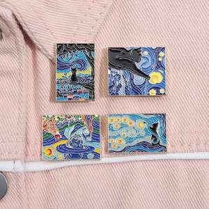 Spilla Personalizzata con Dipinto a Olio di Van Gogh 'Notte Stellata', Gatti, per Pins Smaltati, Arte Animale Divertente, Cartone Animato in Metallo Nero - Product Image 2