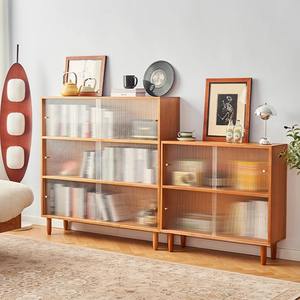 Librería de pie de madera maciza de cerezo estilo nórdico con puertas de vidrio y gabinete de almacenamiento para el hogar, oficina o sala de estar. - Product Image 1