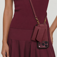 Étui portefeuille personnalisé en cuir pleine fleur bordeaux avec rabat et bandoulière pour iPhone 17 18 Pro Max Duo