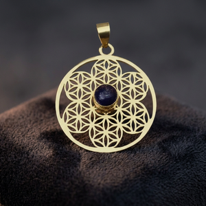Pendentif en pierre de style bohème avec réglage de la graine de lapis-lazuli en laiton de fleur - Product Image 1