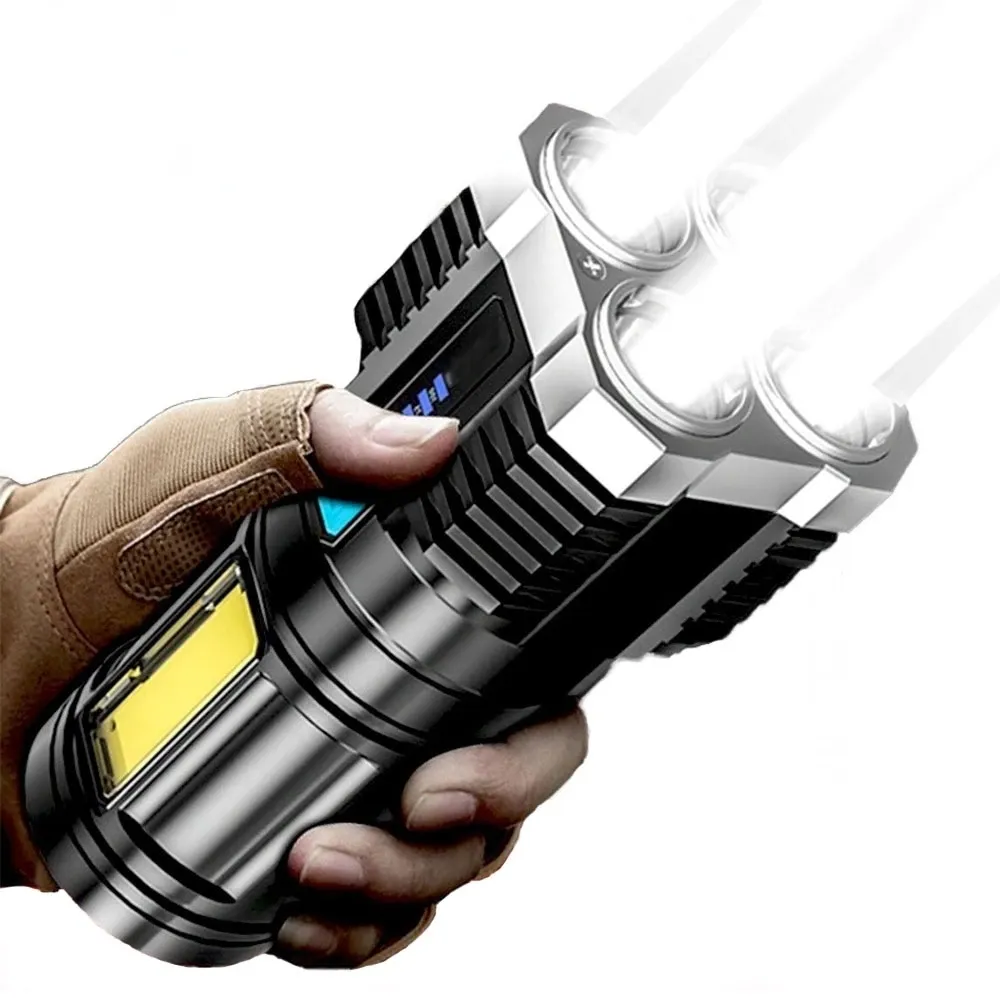 4-core Super Bright Flashlight Rechargeable Flashlights Torches P-1000 Led Long-range Spotlight Battery COB Light