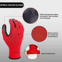 Gants de travail en polyester rouge 13G avec revêtement en nitrile noir lisse, résistants à l'huile et aux produits chimiques, réutilisables, vente en gros