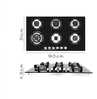 Table de cuisson à gaz encastrable 6 brûleurs en verre trempé, allumage électrique, 87 cm 90 cm